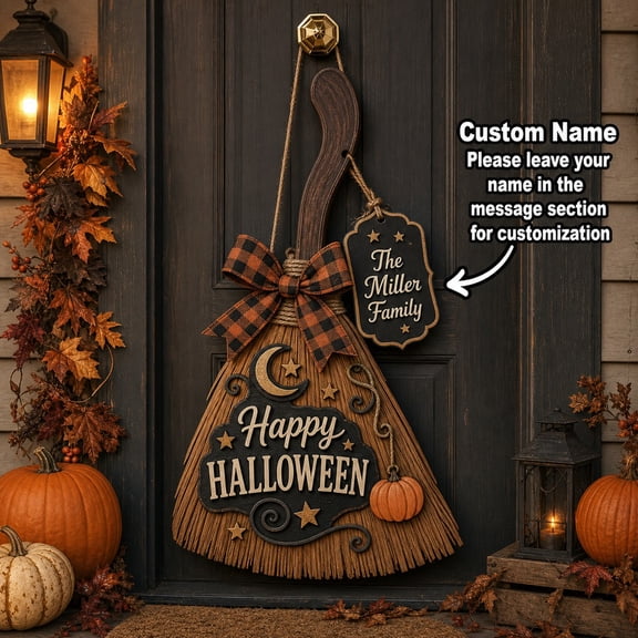 Witch Broom Door Hanger Personalized Halloween Rustic Front Door Sign for Fall Porch