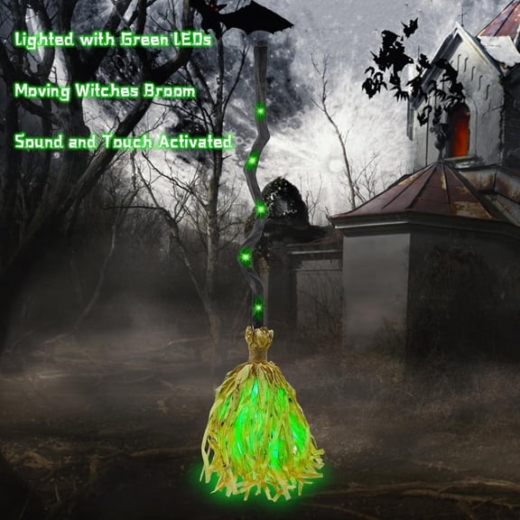 Witch Broom Halloween Decor - Animated Light up Moving Grean Broomstick with Spooky Sounds | Dancing for Home, Porch & Party 2PC