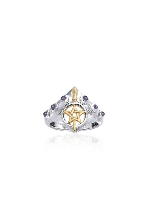 Witch Broom Pentacle 925 Sterling Silver Ring Magical Wiccan Amethyst Jewelry