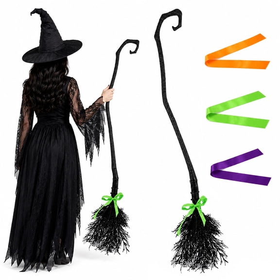 Witch Broom for Halloween Party Supplie Witches Broom with Ribbons Halloween Witches Broomstick Costume Parties Photo Booth 54"