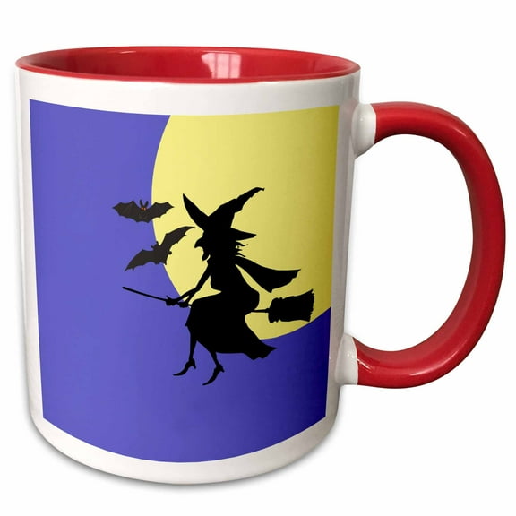 3drose, Witch Broomstick Bats and a Full Moon Cartoon, 11oz Two-tone Red Mug
