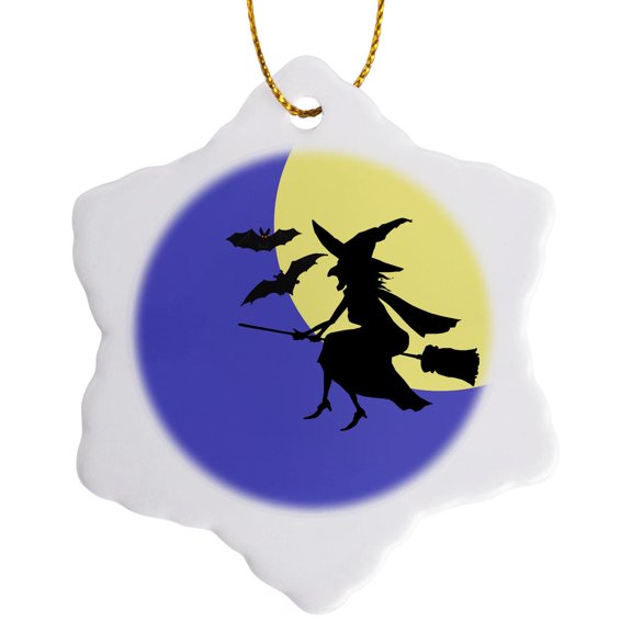 3drose, Witch Broomstick Bats and a Full Moon Cartoon, 3 inch Snowflake Porcelain Ornament