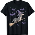 thumbnail image 1 of Witch Broomstick Dachshund Lovers Spooky Halloween Dog T-Shirt Size S-5XL, 1 of 5
