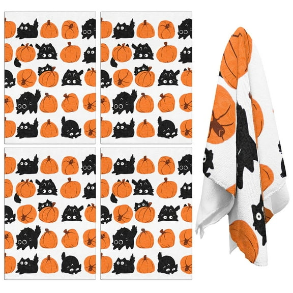 Witch Castle Halloween Hanging Towels Set of 4, 18x26 Inch Kitchen & Bathroom Towels - Orange Black Spider Web Design with Loops, Fast Dry Absorbent Dish Towels