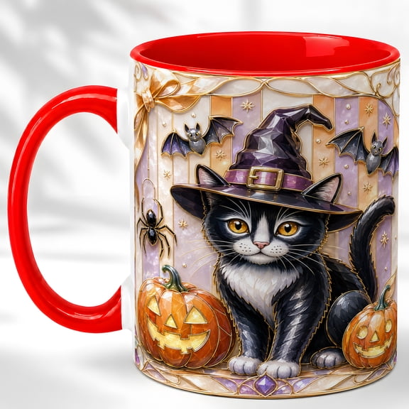 Witch Cat Coffee Mug, Halloween Pumpkin Mug, Ceramic 11 oz