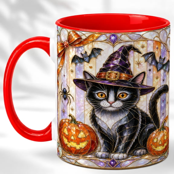 Witch Cat Coffee Mug, Halloween Pumpkin Mug, Ceramic 11 oz