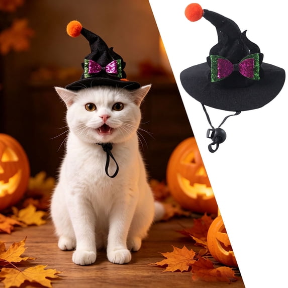 Witch Cat Dog Halloween Outfit Hat with Bow, Soft Pet Clothes Hats for Cats and Small Dogs, Spandex Form-Fitting Comfort for Parties Parades Photo