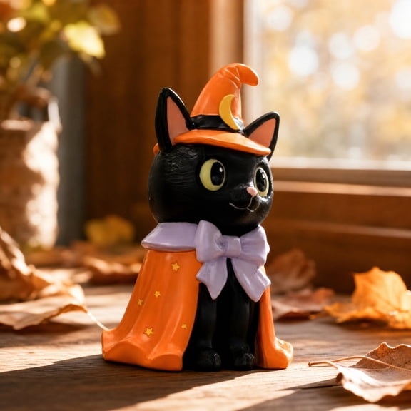 Witch Cat Figurine, Creates Cozy Halloween Tabletop Display, Resin Statue, Adorable Witch Hat Design and Sturdy Hand-Painted Build for Mantel Display, Shelf Accent, and Holiday Gift.