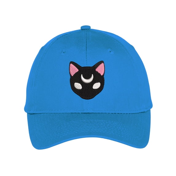 Witch Cat Head with Moon on Forehead Low Profile Cotton Adjustable Baseball Cap Dad Hat for Men Women Embroidered Design - Light Blue