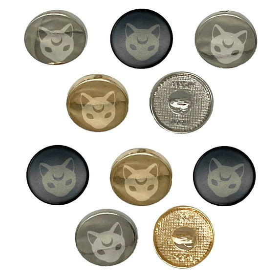 Witch Cat Head with Moon on Forehead Set of 10 Metal 0.6" (15mm) Sewing Shank Round Buttons - Black Color