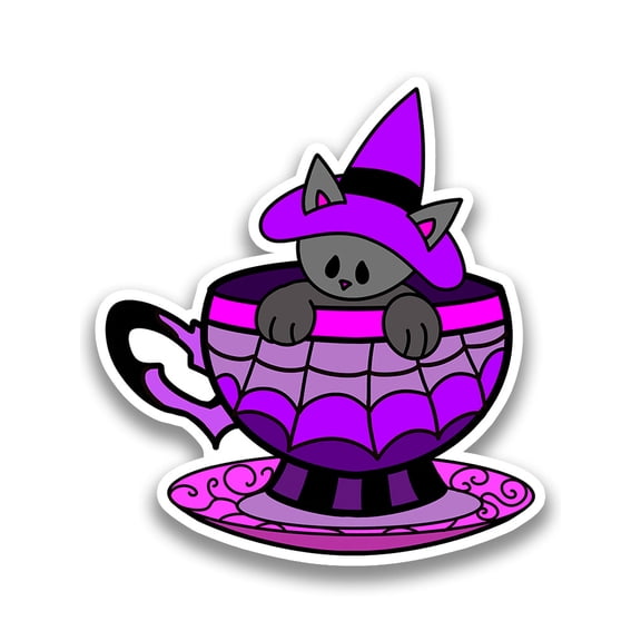 Witch Cat In A Cup Sticker -Rose Khan Designs, Vinyl Sticker