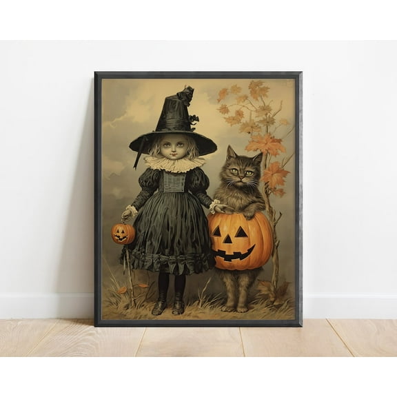 Witch And Cat Oil Painting Wall Art Print, Halloween Wall Art, Halloween Print, Vintage Halloween Art, Witchy Print, Victorian Decor, Matte Canvas Stretched, Posters & Art Prints, Gift.
