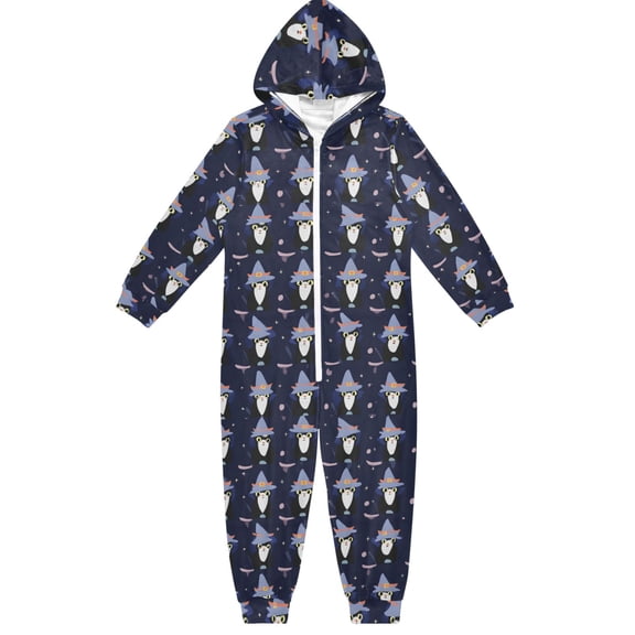 Witch Cat Pattern One Piece Pajamas Soft Jumpsuit Cozy Sleep and Play Romper Zipper and Pockets 5-6T