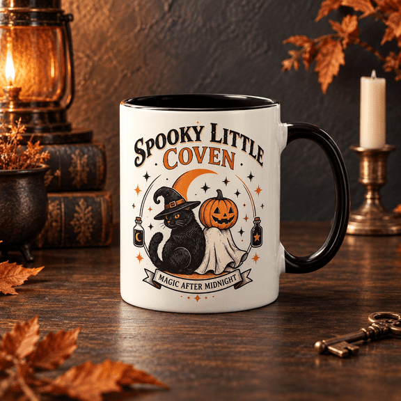Witch Cat Pumpkin Ghost Spooky Coven Ceramic Coffee Mug Halloween Gift