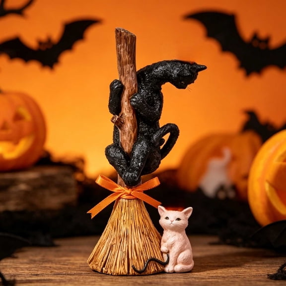 Witch Cat Resin Figurine, Mini Ghost Mouse Statue, Halloween Shelf Sitter for Fireplace Mantel, Black Cat Witch Familiars, Spooky Desktop Accent​