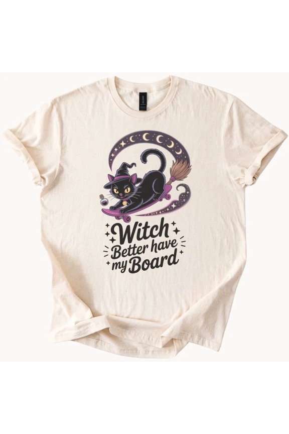 Witch Cat Skateboard Shirt Graphic Tee With Moon And Stars Size S-5Xl Heygategoo Tee