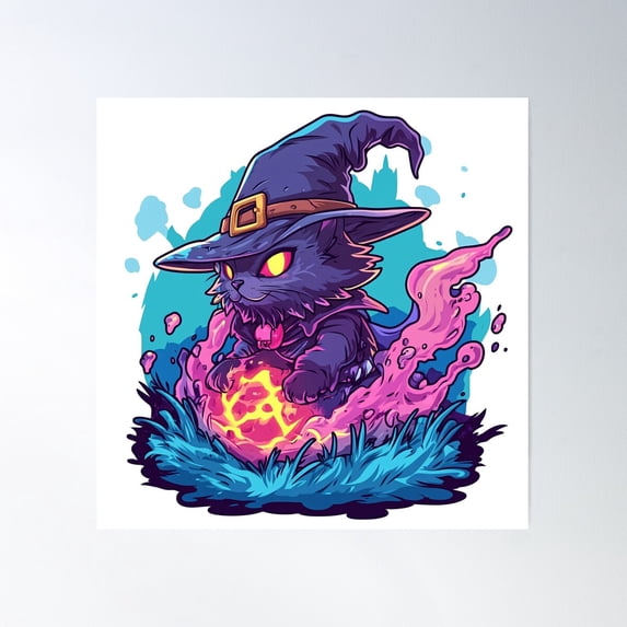 Witch Cat Summoning Magic Flame Poster Wall Art, Modern Wall Decor For Living Room Bedroom, 30x30 UNFRAMED