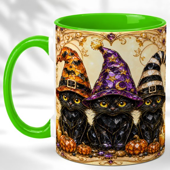 Witch Cat Trio Coffee Mug, Halloween Pumpkin Mug, Ceramic 11 oz