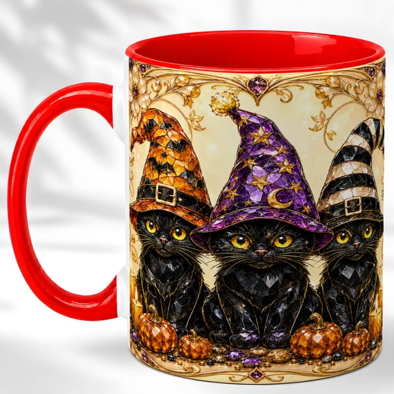 Witch Cat Trio Coffee Mug, Halloween Pumpkin Mug, Ceramic 11 oz