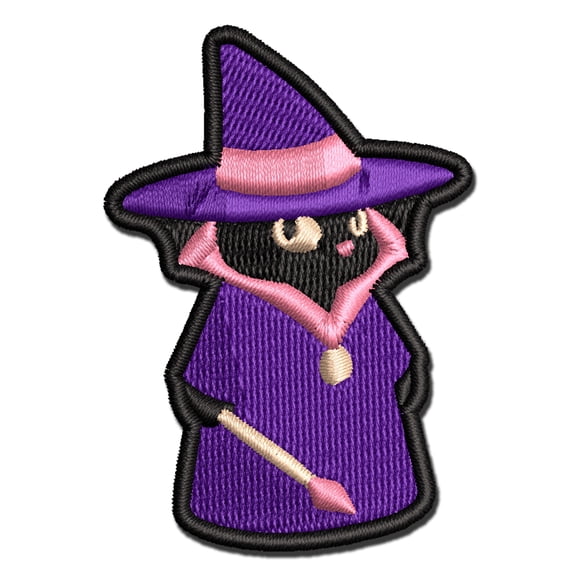 Witch Cat with Wand Halloween Applique Multi-Color Embroidered Iron-On Patch - 2.0 Inch Mini
