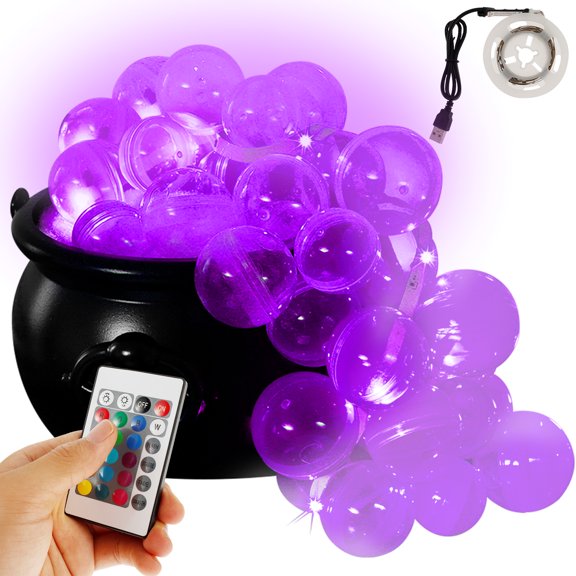 Witch Cauldron Decor With String Light Festive Glowing DIY Bubbling Cauldron Remote Discoloration Cauldron Halloween Decor with 30 Clear Plastic Balls for Indoor Home Party