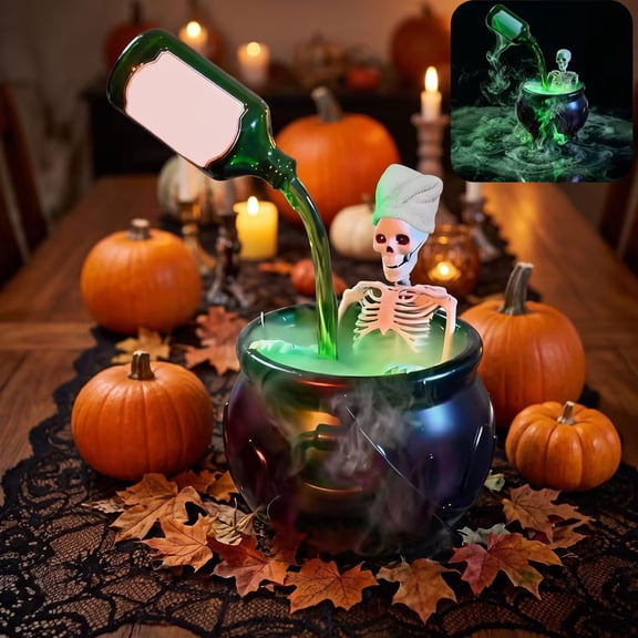 Witch Cauldron Decoration, LED Fog Machine with Skeleton Floating Potion Bottle, Halloween Mist Maker Glowing Smoke Effect
