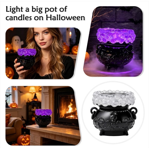 Witch Cauldron Holder With LED Purple Light Mist Bubbling Witch Stand Bat Embossed Cauldron For Tabletop Home Party