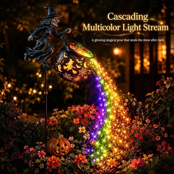 Witch Cauldron Lamp, Halloween Garden Light, Outdoor Decor Light, 2D Metal Weatherproof Cascading Multicolor LED Lawn Stake, for Yard Flower Bed Pathway Porch Halloween Display