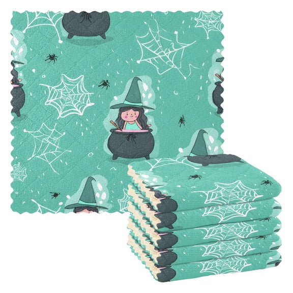 Witch Cauldron Pattern Dish Towels 6 Pack Kitchen Cleaning Dish Cloths Absorbent Reuseable Cleaning Cloths 11'' x 11''