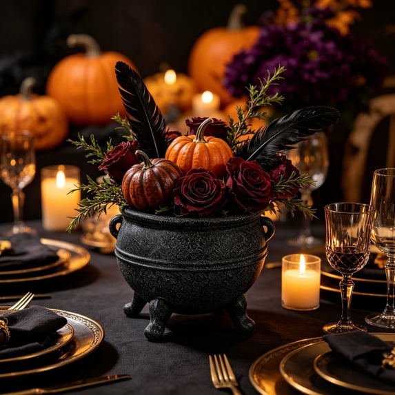 Witch Cauldron Planter, 8 Inch Resin Gothic Black Decorative Flowerpot, Festive Spooky Candy Bowl, Multi-Purpose for Entryway Tabletop Holiday Layout