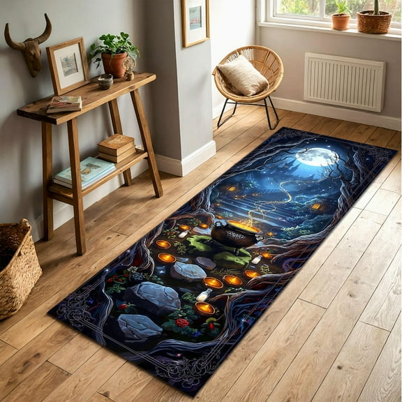 Witch Cauldron Runner Rug, Magical Forest Path Carpet with Candles and Moonlit Castle, Halloween Witchcore Floor Decor for Spooky Homes 60x18in/5x1.5ft