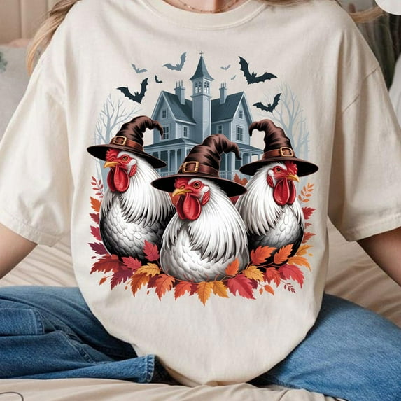 Witch Chicken Halloween T-shirt, Haunted House Chicken T-shirt, Spooky Farmhouse T-shirt, Halloween T-shirt, Spooky Chickens T-shirt.