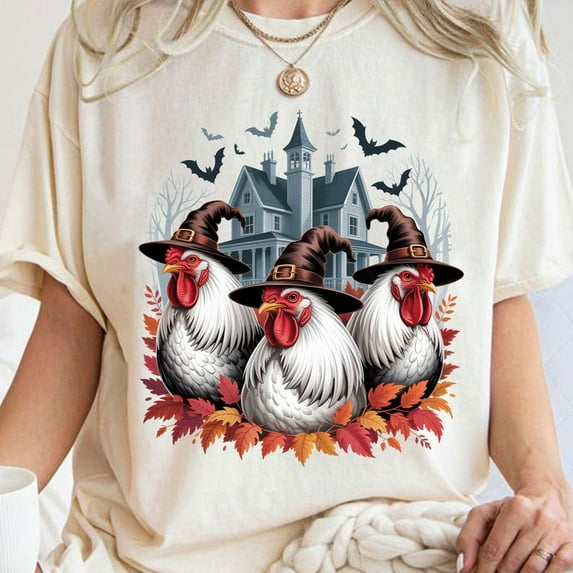 Witch Chicken Halloween T-shirt, Haunted House Chicken T-shirt, Spooky Farmhouse T-shirt, Halloween T-shirt, Spooky Chickens T-shirt.
