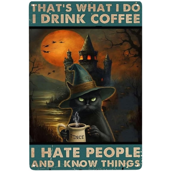 Witch Coffee Tin Sign 8X12 Inch Retro Cat Magic Hat Design Perfect For Halloween Bar Party Bathroom Spooky Theme Decor Vintage Finish Gift