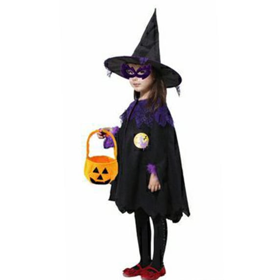 Witch Cos, Witch Cosplay, Witch Costume, Cute Chi’Ldren Halloween Orange Witch Costume for Gi'Rls, Todd'Ler Inf'Ant Ba'By Halloween Costume Outfit Cosplay-Cloak+Hat+Pumpkin Bag+Broom, Saffron 120