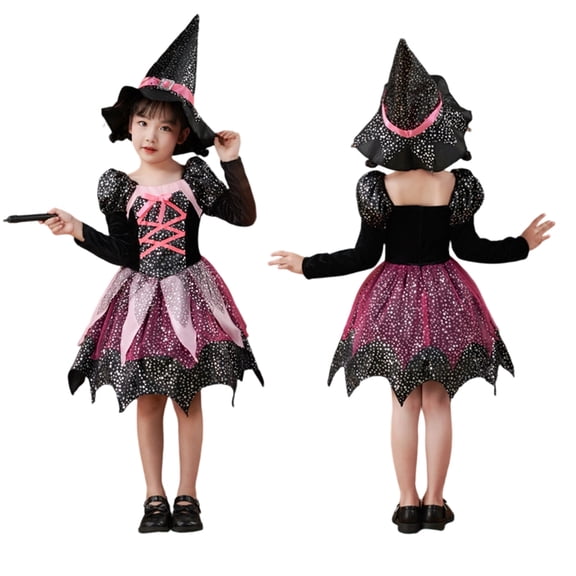 Witch Cosplay, Witch Cos, Witch Outfits, Witch Costume, Halloween Witch Costume Dress, Black Pink Glitter Witch Gown With Pointed Witch Hat and Magic Wand for Halloween Party Role Play, Purple L