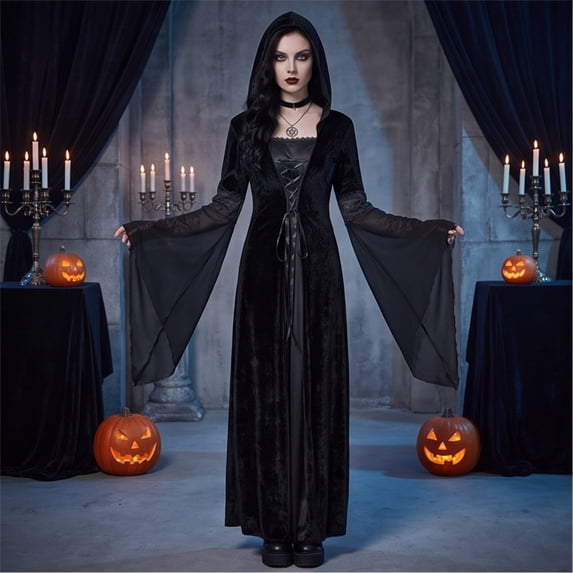 Witch Cosplay, Witch Costume, Witch Outfit, Witch Roleplay, Witch Cos, Women Renaissance Lace-Up Vintage Hooded Dress Medieval Witch Dress Cosplay Costume, Black L