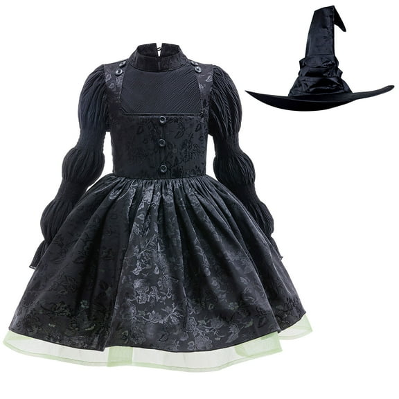 Witch Costume Black Dress for Girls Halloween Wizard Suit with Hat 6-7Y