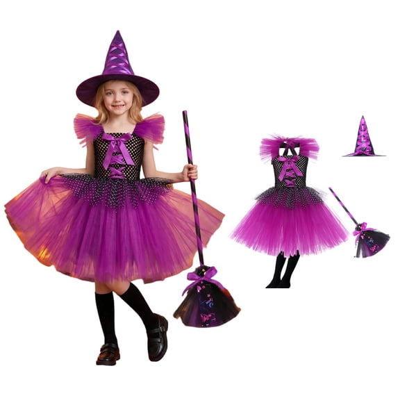 Witch Girls Tutu Dresses Hats Witch Set Halloween Girls Outfit Dress up Party Girls Size 2-12 Years