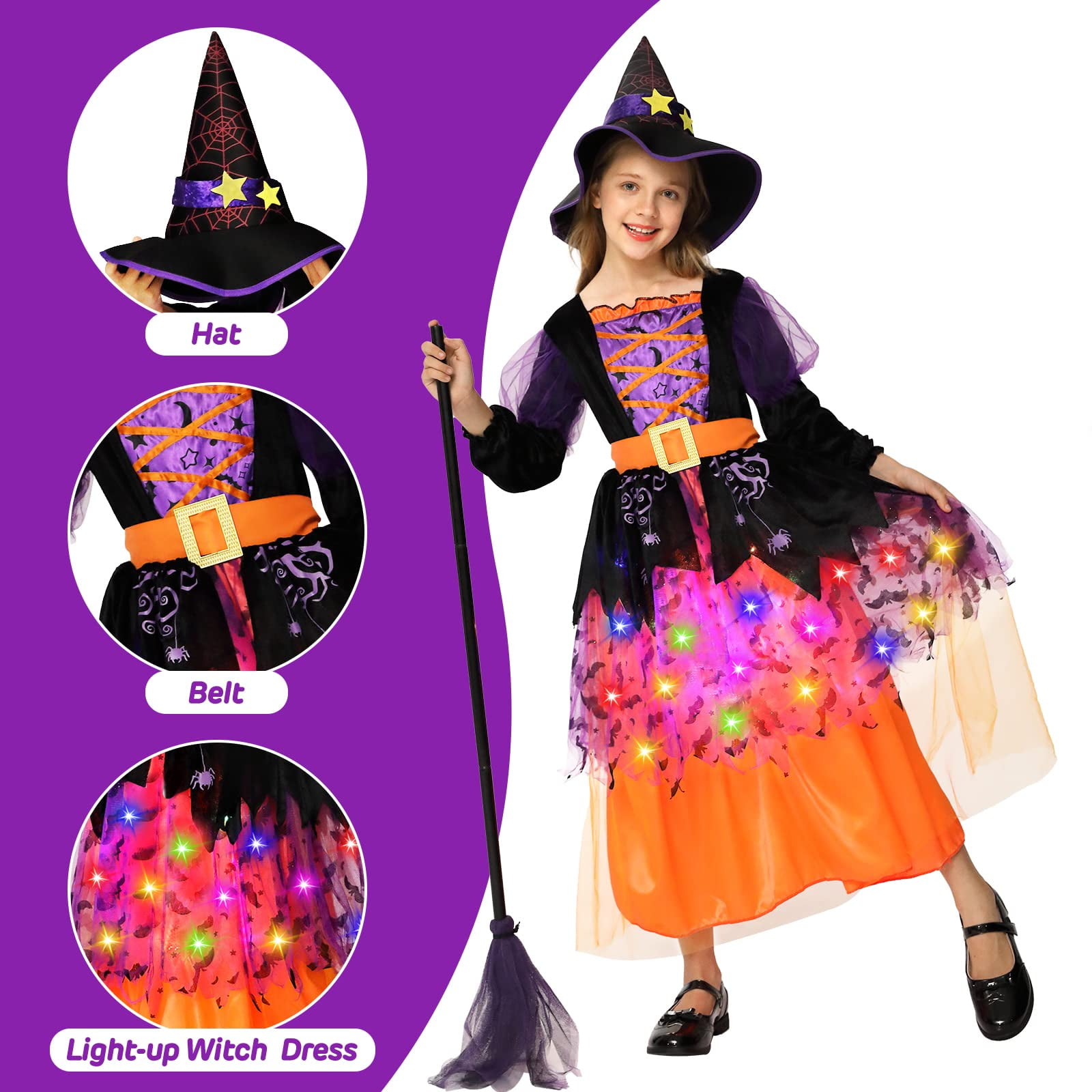 Witch Costume Halloween for Girls Toddler,Light Up Witch Costume