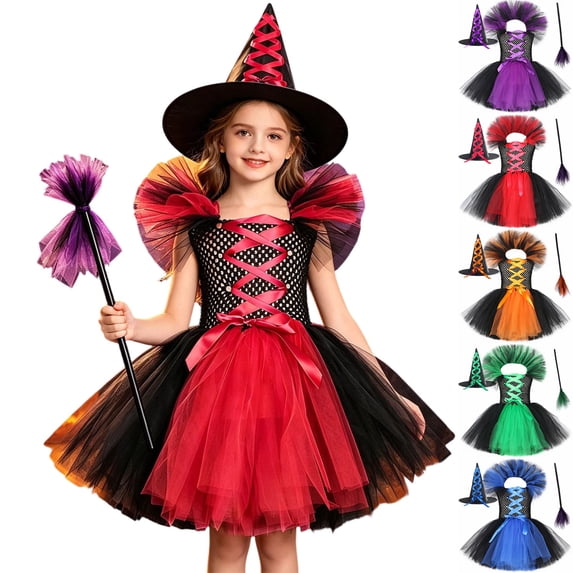 Witch Kids Tulle Dresses Hats Witch Outfit Set Halloween Girls Outfit Dress up Party Girls Size 1-12 Years