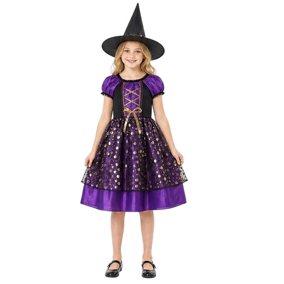 Witch Costume, Witch Roleplay, Witch Cosplay, Witch Cos, Halloween Witch Costume Dress, Purple Black Gold Witch Gown With Pointed Witch Hat and Bubble Sleeves for Halloween Themed Party, Purple XL