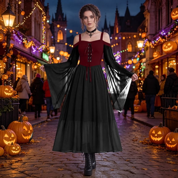 Witch Costume Women Plus Size Halloween Costumes Gothic Dresses Renaissance Medieval Adult Vampire Dress 2026 Red 5XL