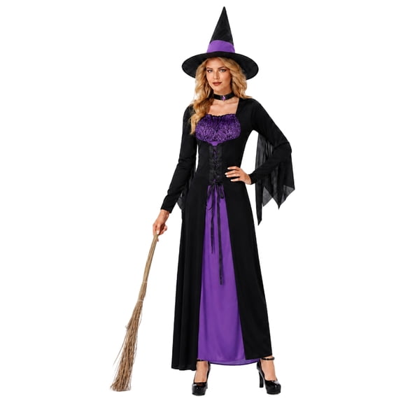 Witch Costume for Women, Purple and Black Floor-Length Dress with Pointed Collar, Adult Halloween Outfit for Masquerade and Stage Performance, Black and Purple, Size L