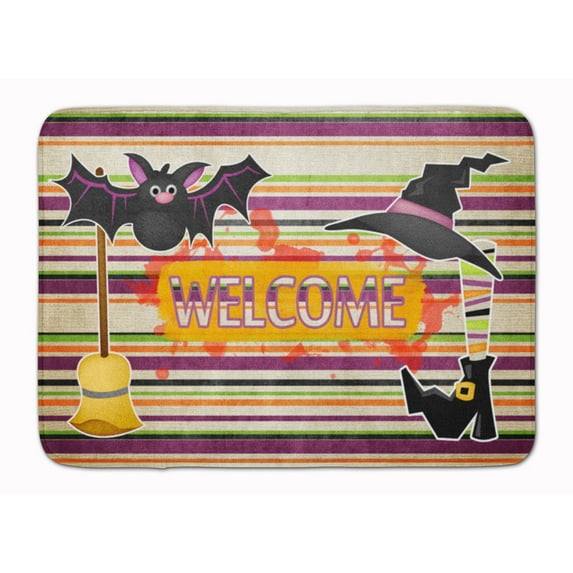 Witch Costume and Broom on Stripes Halloween Machine Washable Memory Foam Mat