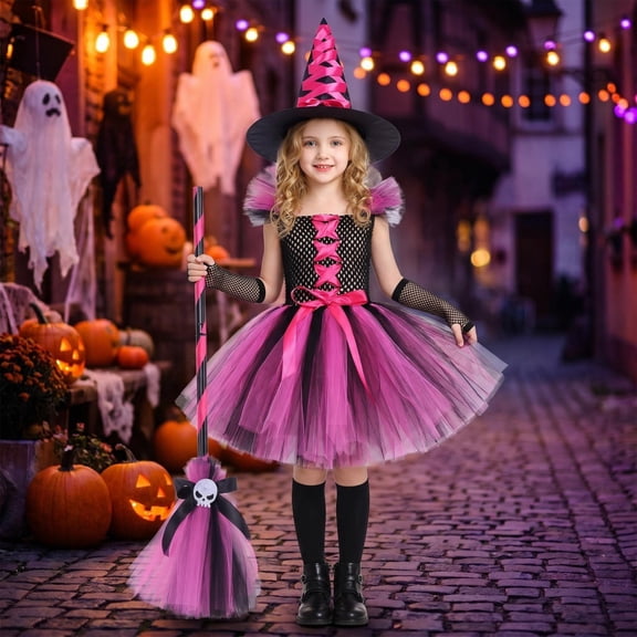 Witch Costume for Girls, Halloween Dress with Witch Hat Broom, Kids Moon Shimmer Witch Set for Party