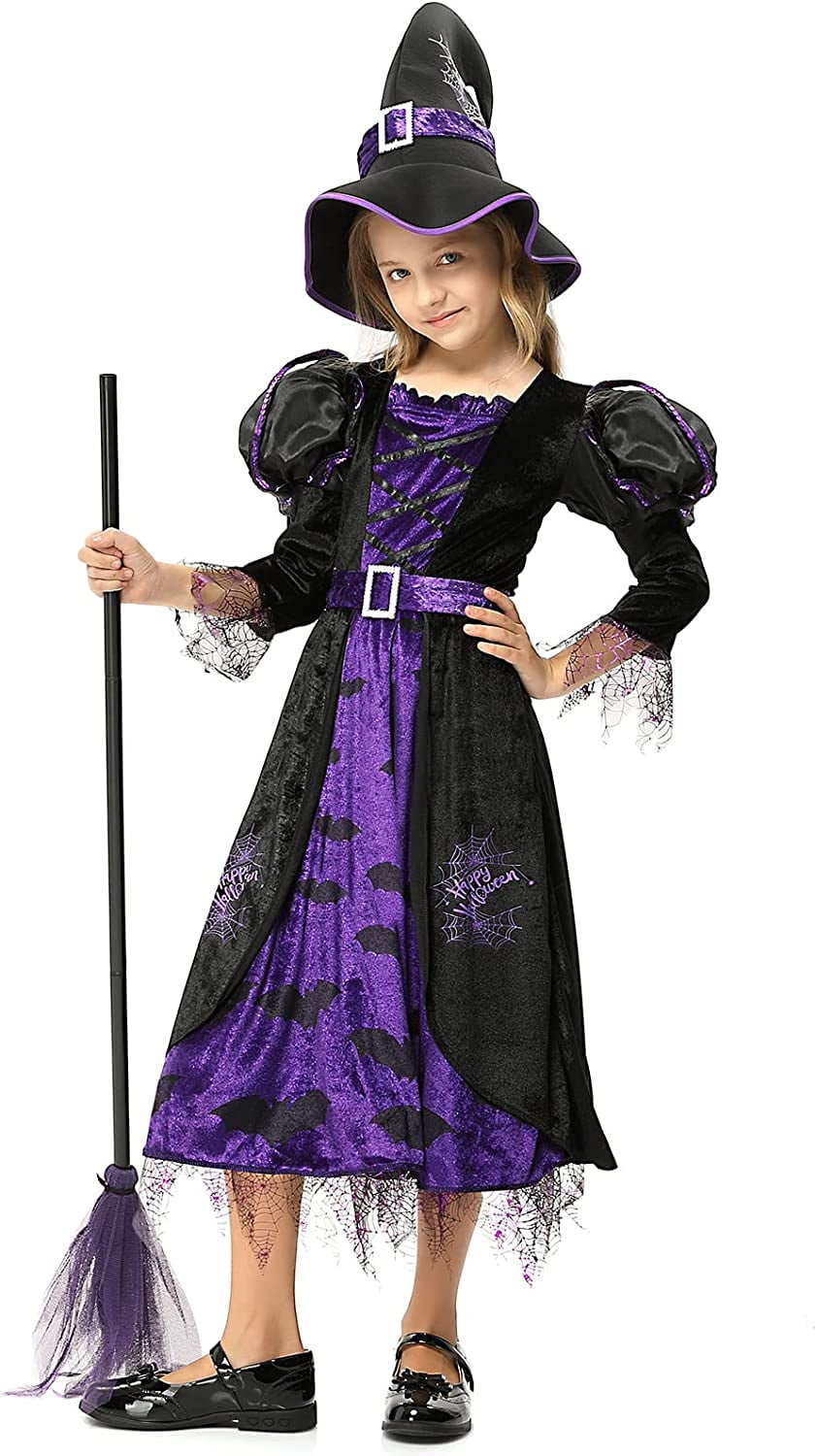 Witch Costume for Girls Kids，Halloween Party Fancy Dress Up Deluxe Set ...