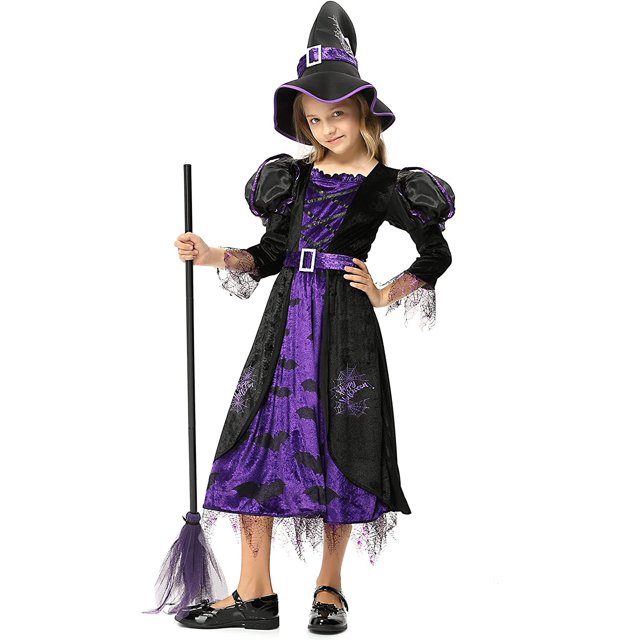 Witch Costume for Girls Kids，Halloween Party Fancy Dress Up Deluxe Set