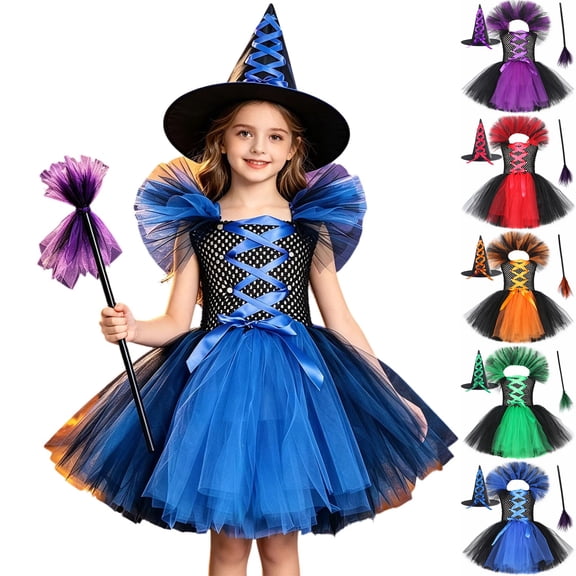Witch for Girls Tulle Dresses Hats Witch Set Halloween Girls Outfit Dress Party Girl Size 1-12 Years