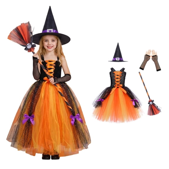 Witch for Girls Tutu Dresses Hats Witch Set Girls Halloween Dress Party Girl Size 3-12 Years